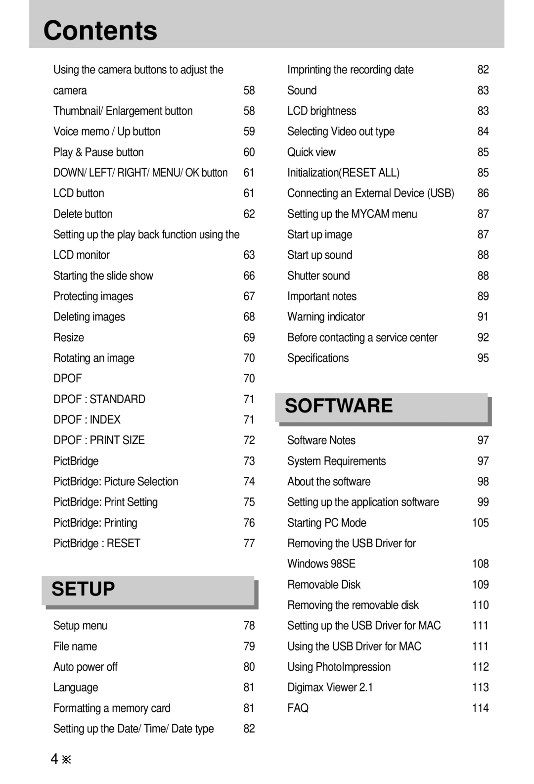 Samsung EC-V5ZZZSBA/GB, EC-V5ZZZSAA InitializationRESET ALL LCD button, Delete button Setting up the Mycam menu, 111, 114 