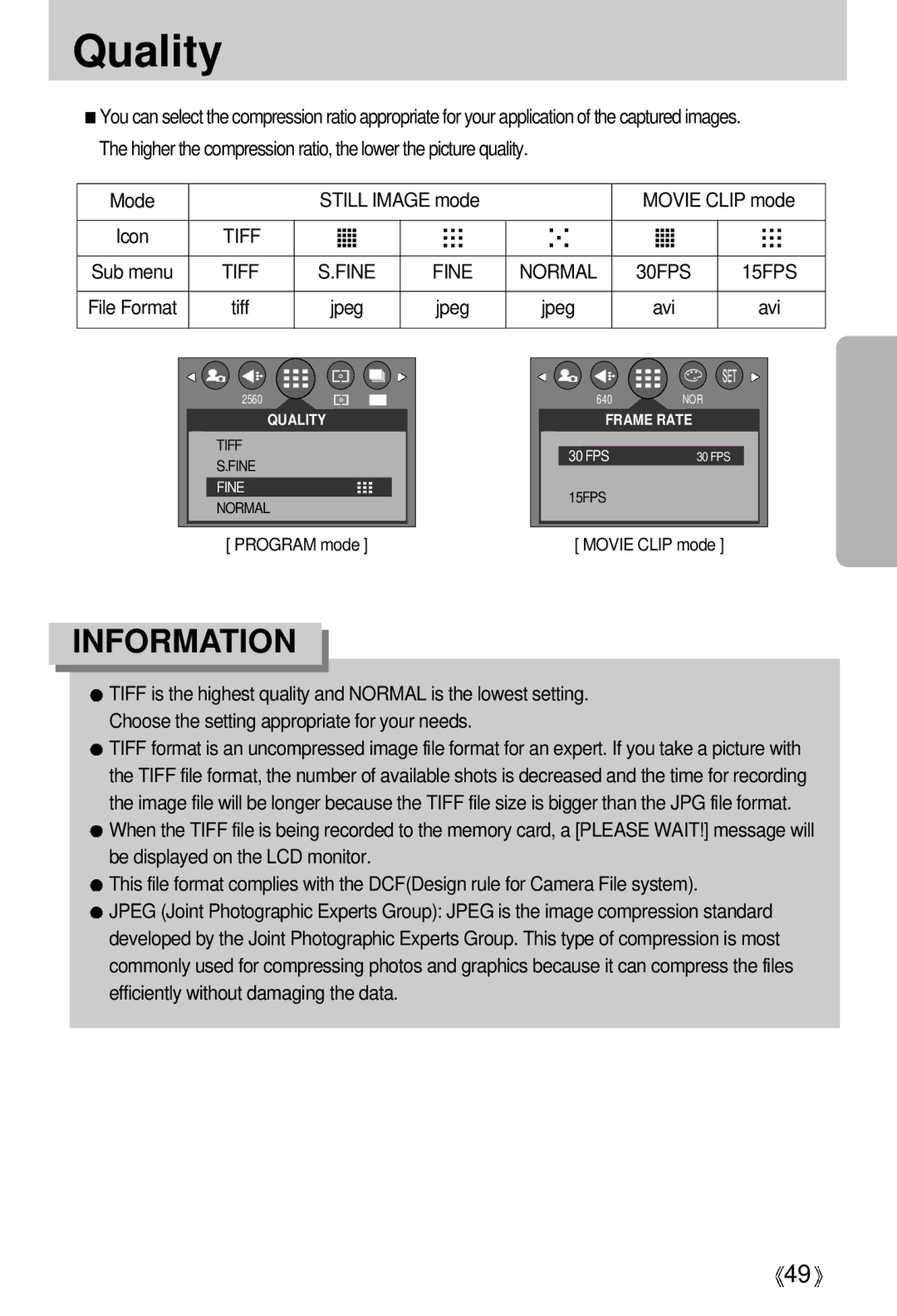 Samsung EC-V5ZZZSBA/GB, EC-V5ZZZSAA, EC-V5ZZZSBA/FR, EC-V5ZZZSBA/US, EC-V5ZZZSAB manual Quality, Still Image mode, Jpeg, Avi 