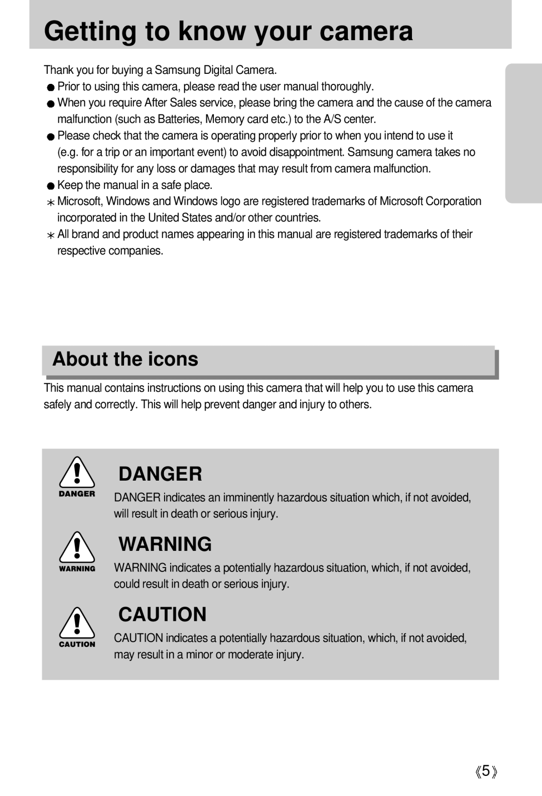 Samsung EC-V5ZZZSAA, EC-V5ZZZSBA/FR, EC-V5ZZZSBA/US, EC-V5ZZZSAB, EC-V5ZZZSBA/GB Getting to know your camera, About the icons 