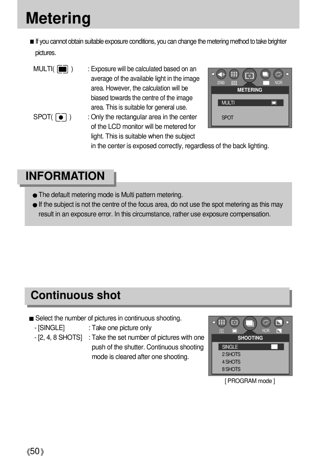 Samsung EC-V5ZZZSAA, EC-V5ZZZSBA/FR, EC-V5ZZZSBA/US, EC-V5ZZZSAB, EC-V5ZZZSBA/GB manual Metering, Continuous shot 