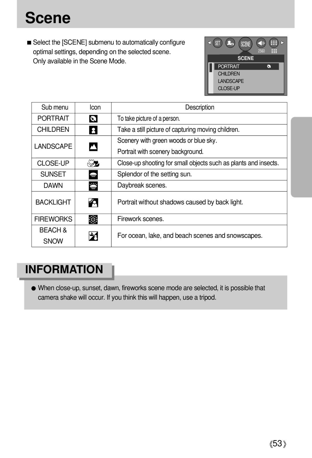 Samsung EC-V5ZZZSAB, EC-V5ZZZSAA, EC-V5ZZZSBA/FR, EC-V5ZZZSBA/US, EC-V5ZZZSBA/GB manual Scene 