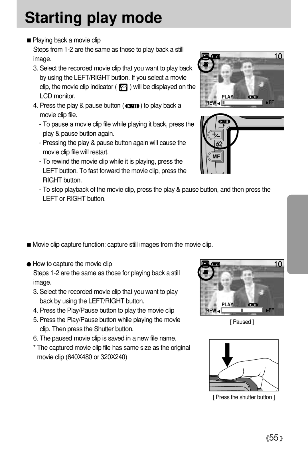 Samsung EC-V5ZZZSAA, EC-V5ZZZSAB Press the play & pause button To play back a, Movie clip file, Play & pause button again 