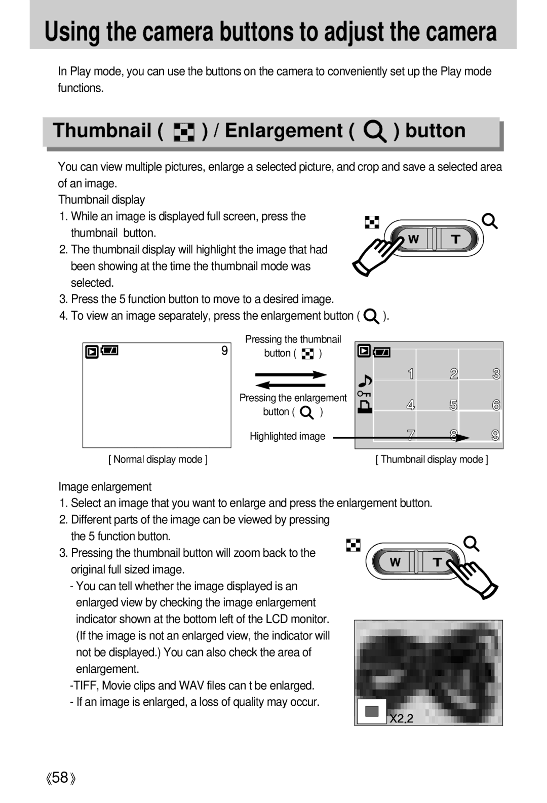 Samsung EC-V5ZZZSAB, EC-V5ZZZSAA manual Using the camera buttons to adjust the camera, Thumbnail / Enlargement button 