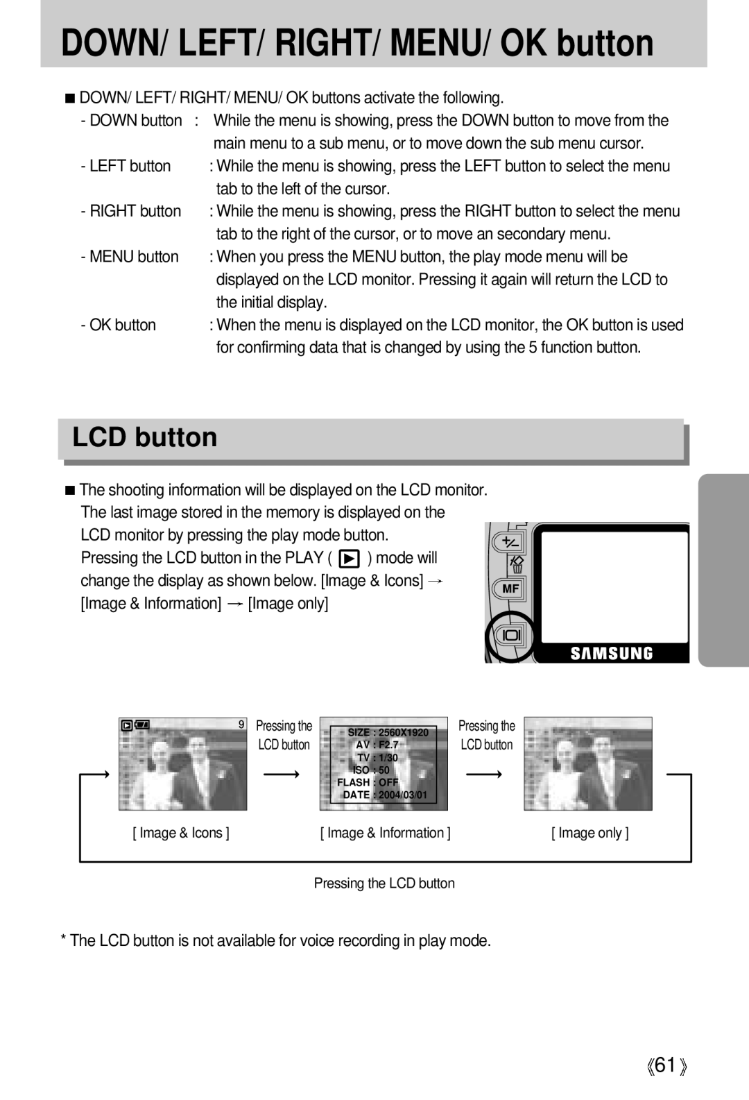 Samsung EC-V5ZZZSBA/FR, EC-V5ZZZSAA, EC-V5ZZZSBA/US, EC-V5ZZZSAB, EC-V5ZZZSBA/GB manual LCD button 