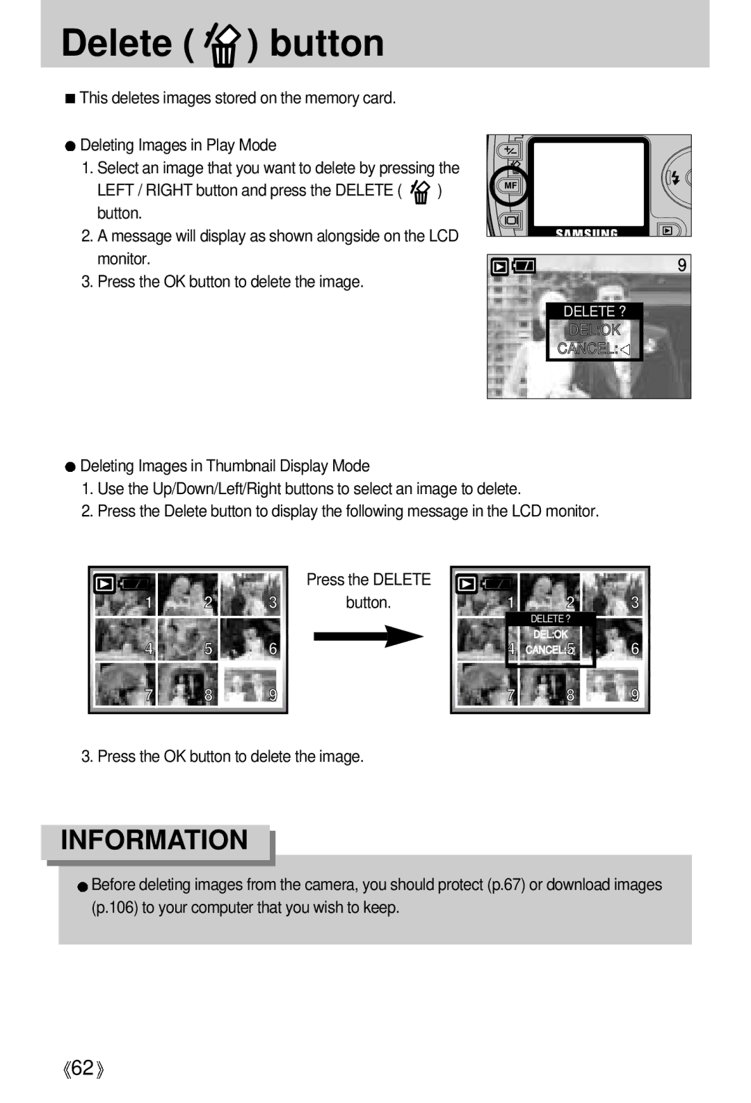 Samsung EC-V5ZZZSBA/US, EC-V5ZZZSAA, EC-V5ZZZSBA/FR, EC-V5ZZZSAB manual Delete button, Press the OK button to delete the image 