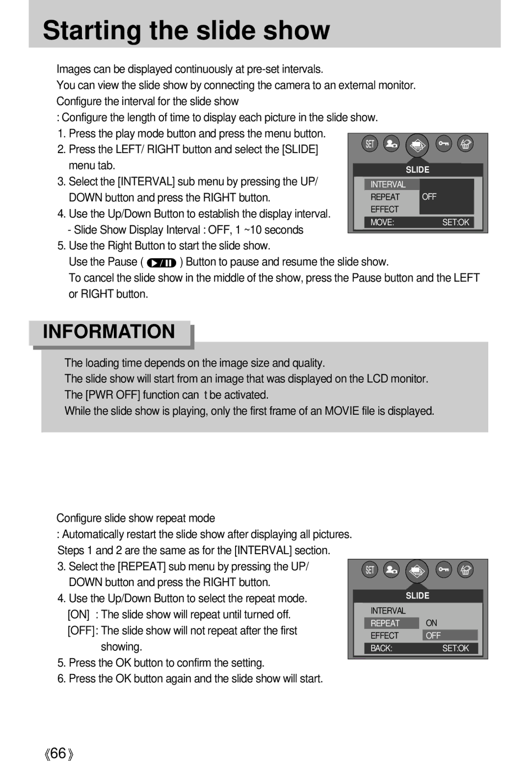 Samsung EC-V5ZZZSBA/FR, EC-V5ZZZSAA, EC-V5ZZZSBA/US, EC-V5ZZZSAB, EC-V5ZZZSBA/GB manual Starting the slide show 