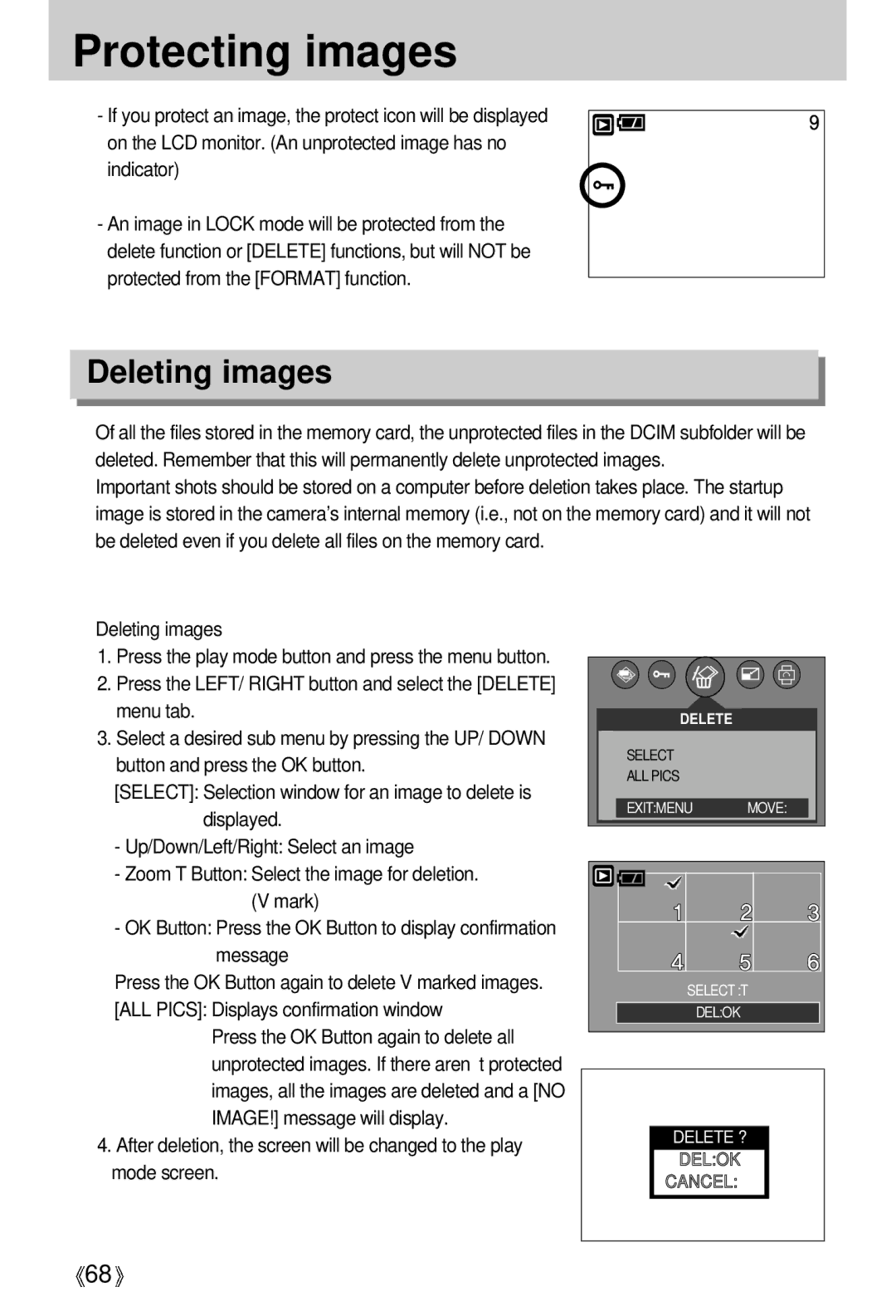 Samsung EC-V5ZZZSAB, EC-V5ZZZSAA, EC-V5ZZZSBA/FR, EC-V5ZZZSBA/US, EC-V5ZZZSBA/GB manual Protecting images, Deleting images 