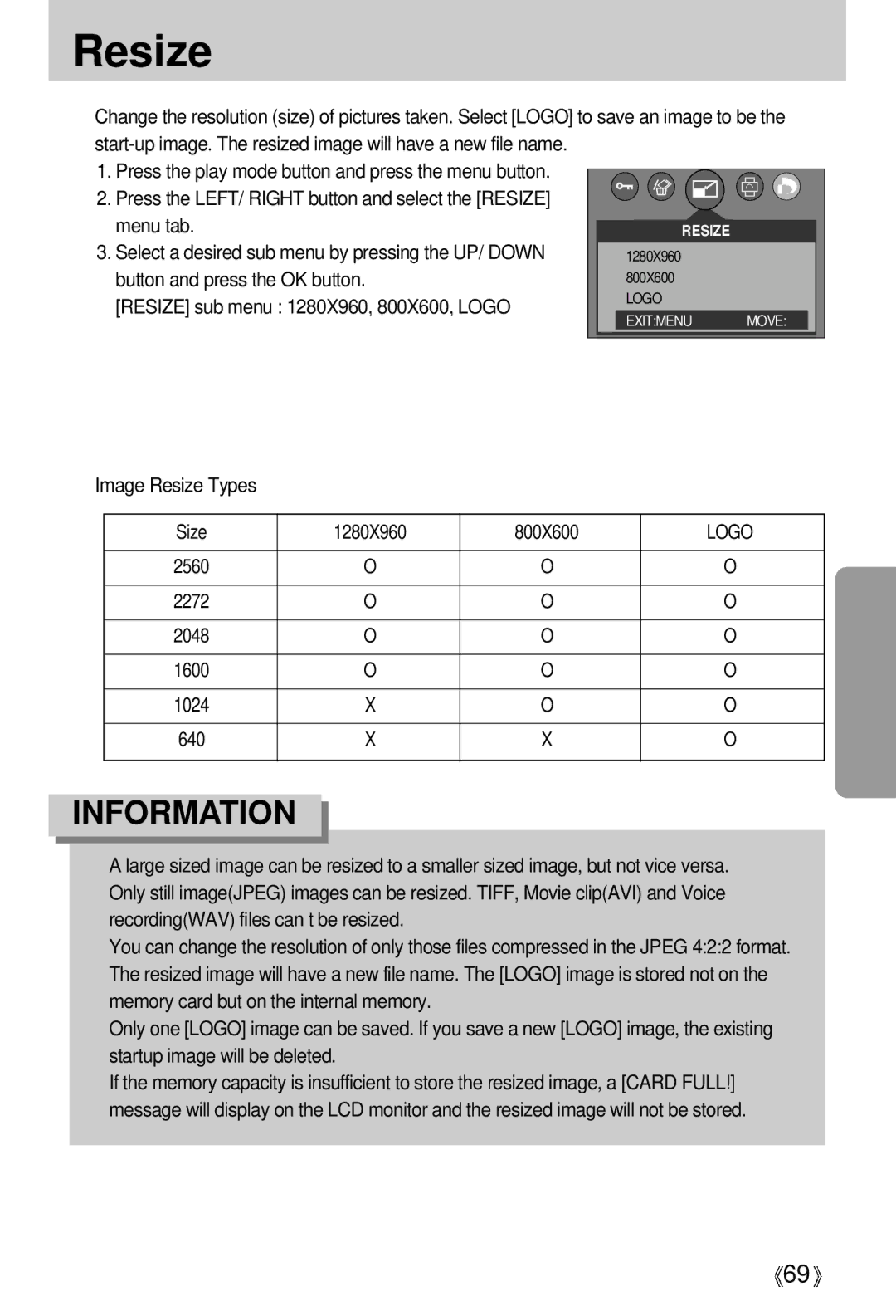 Samsung EC-V5ZZZSBA/GB, EC-V5ZZZSAA manual Button and press the OK button, Resize sub menu 1280X960, 800X600, Logo 