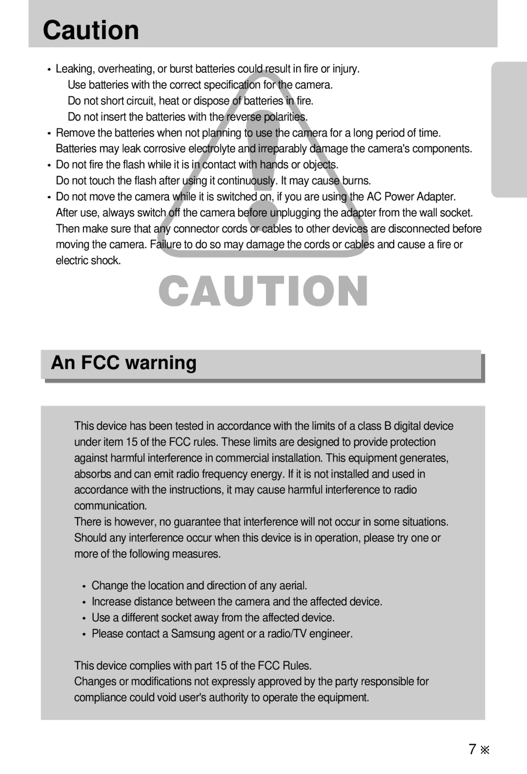 Samsung EC-V5ZZZSBA/US, EC-V5ZZZSAA, EC-V5ZZZSBA/FR, EC-V5ZZZSAB, EC-V5ZZZSBA/GB manual An FCC warning 