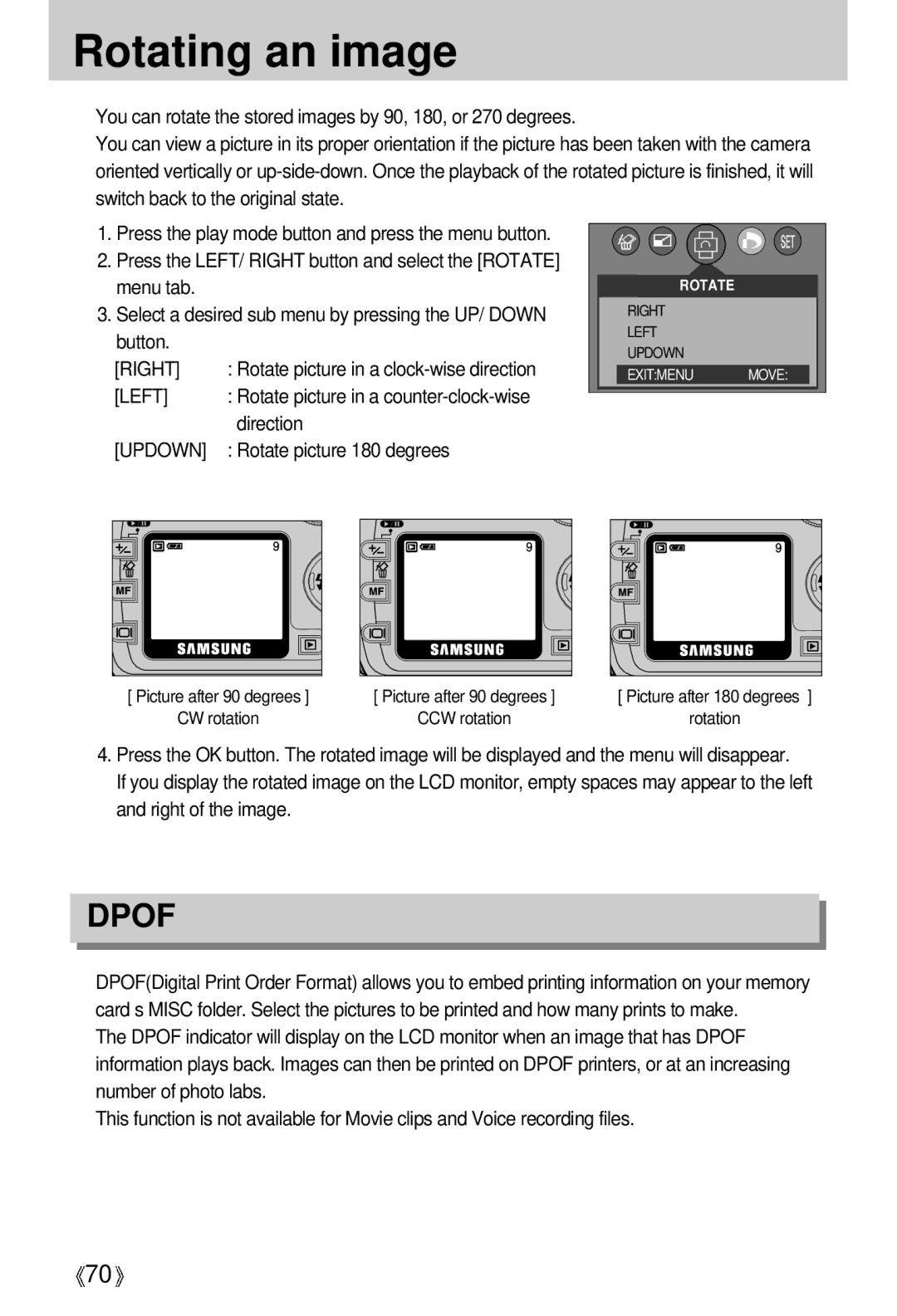 Samsung EC-V5ZZZSAA, EC-V5ZZZSBA/FR, EC-V5ZZZSBA/US, EC-V5ZZZSAB, EC-V5ZZZSBA/GB manual Rotating an image, Dpof 