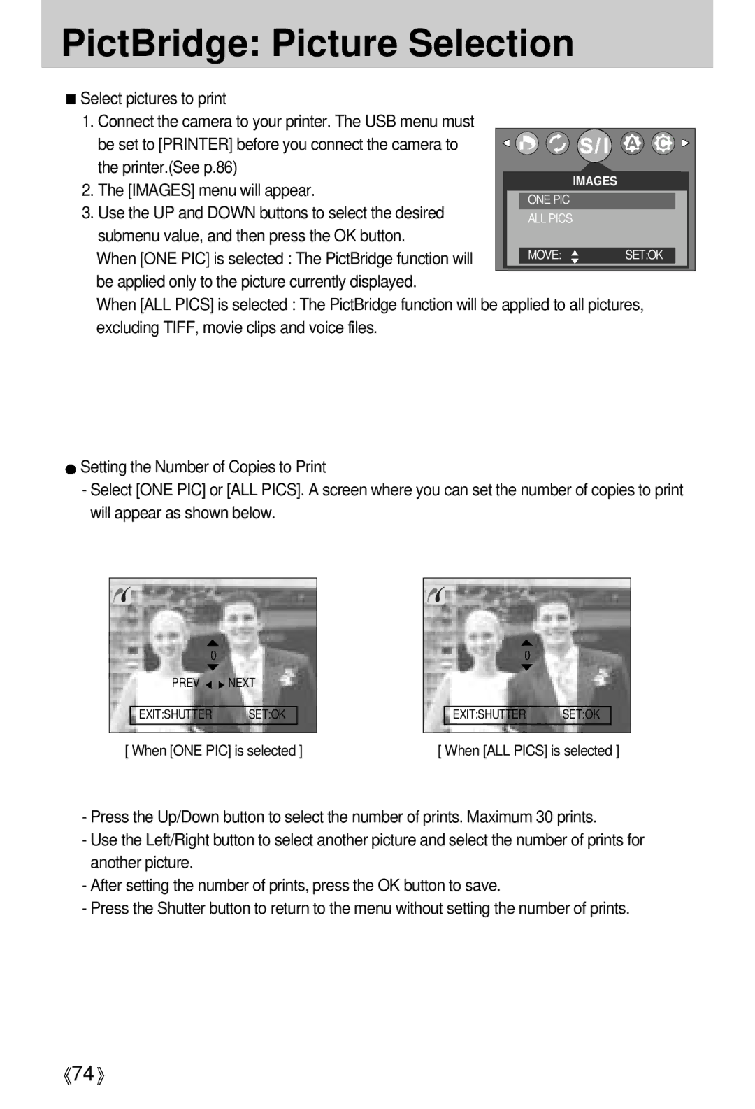 Samsung EC-V5ZZZSBA/GB, EC-V5ZZZSAA, EC-V5ZZZSBA/FR PictBridge Picture Selection, Printer.See p.86, Images menu will appear 