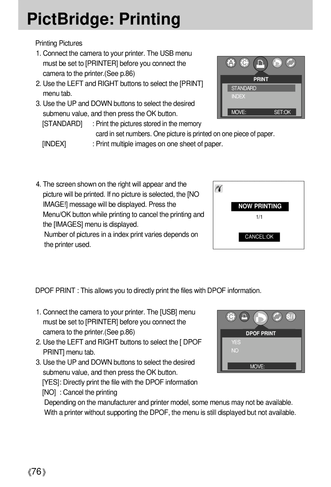 Samsung EC-V5ZZZSBA/FR, EC-V5ZZZSAA, EC-V5ZZZSBA/US PictBridge Printing, Use the Left and Right buttons to select the Dpof 