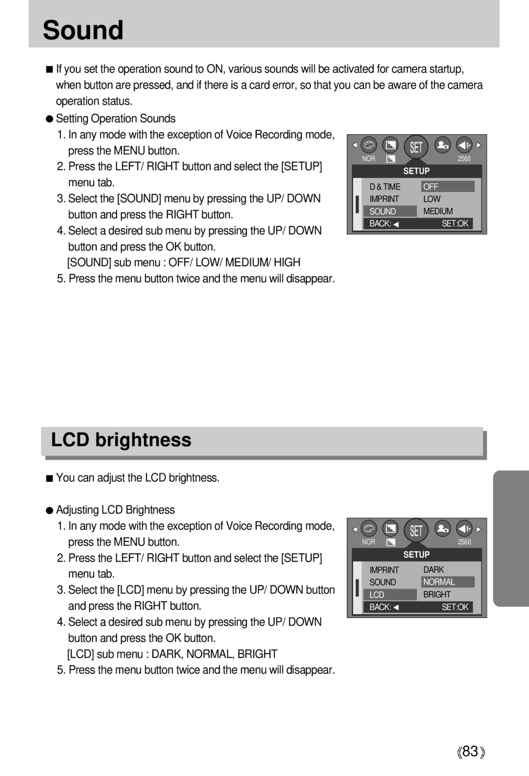 Samsung EC-V5ZZZSAB, EC-V5ZZZSAA, EC-V5ZZZSBA/FR manual LCD brightness, Operation status Setting Operation Sounds 