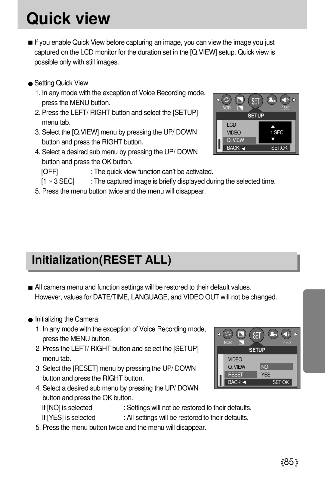 Samsung EC-V5ZZZSAA, EC-V5ZZZSBA/FR, EC-V5ZZZSBA/US, EC-V5ZZZSAB, EC-V5ZZZSBA/GB manual Quick view, InitializationRESET ALL 