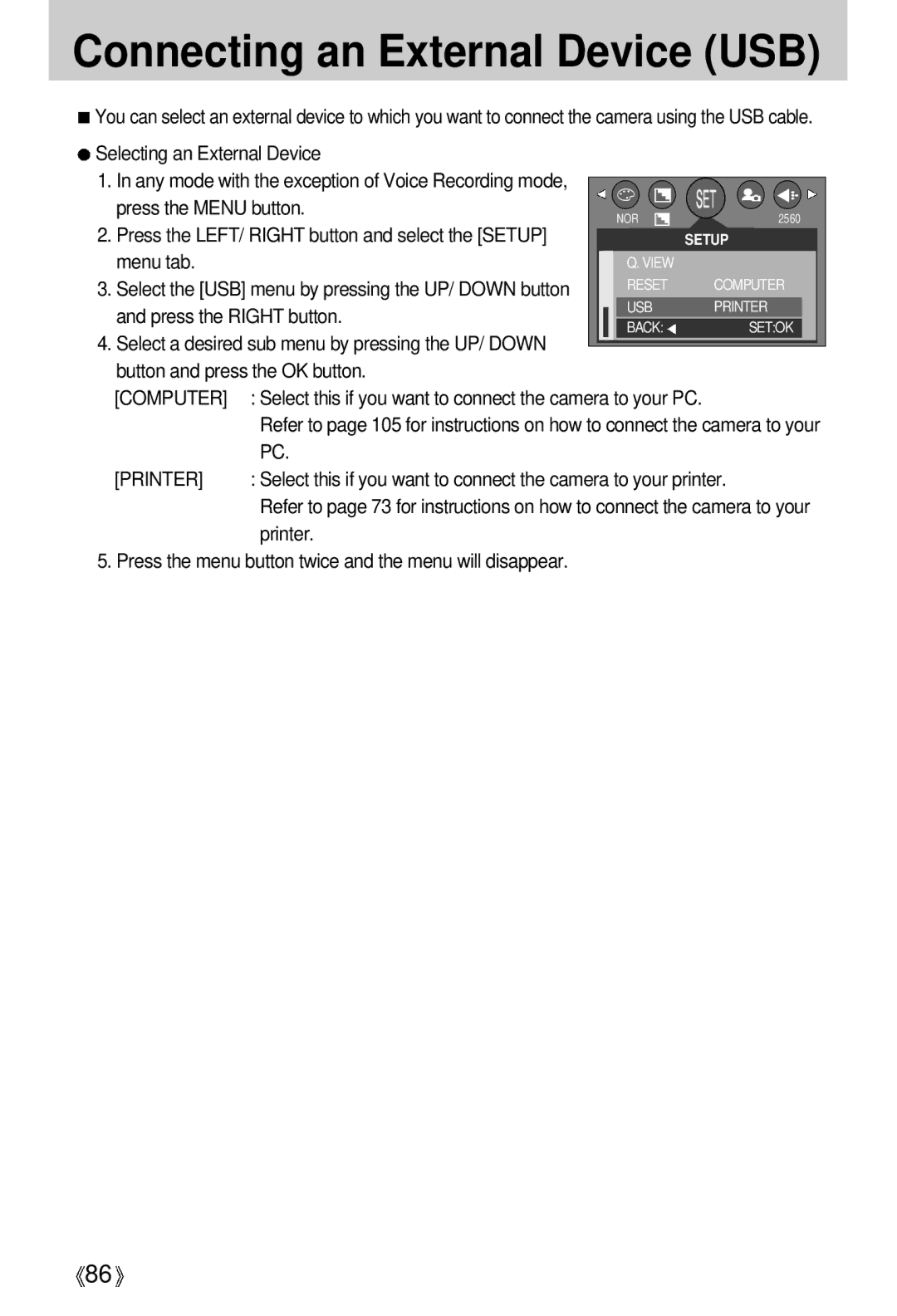 Samsung EC-V5ZZZSBA/FR manual Connecting an External Device USB, Select this if you want to connect the camera to your PC 