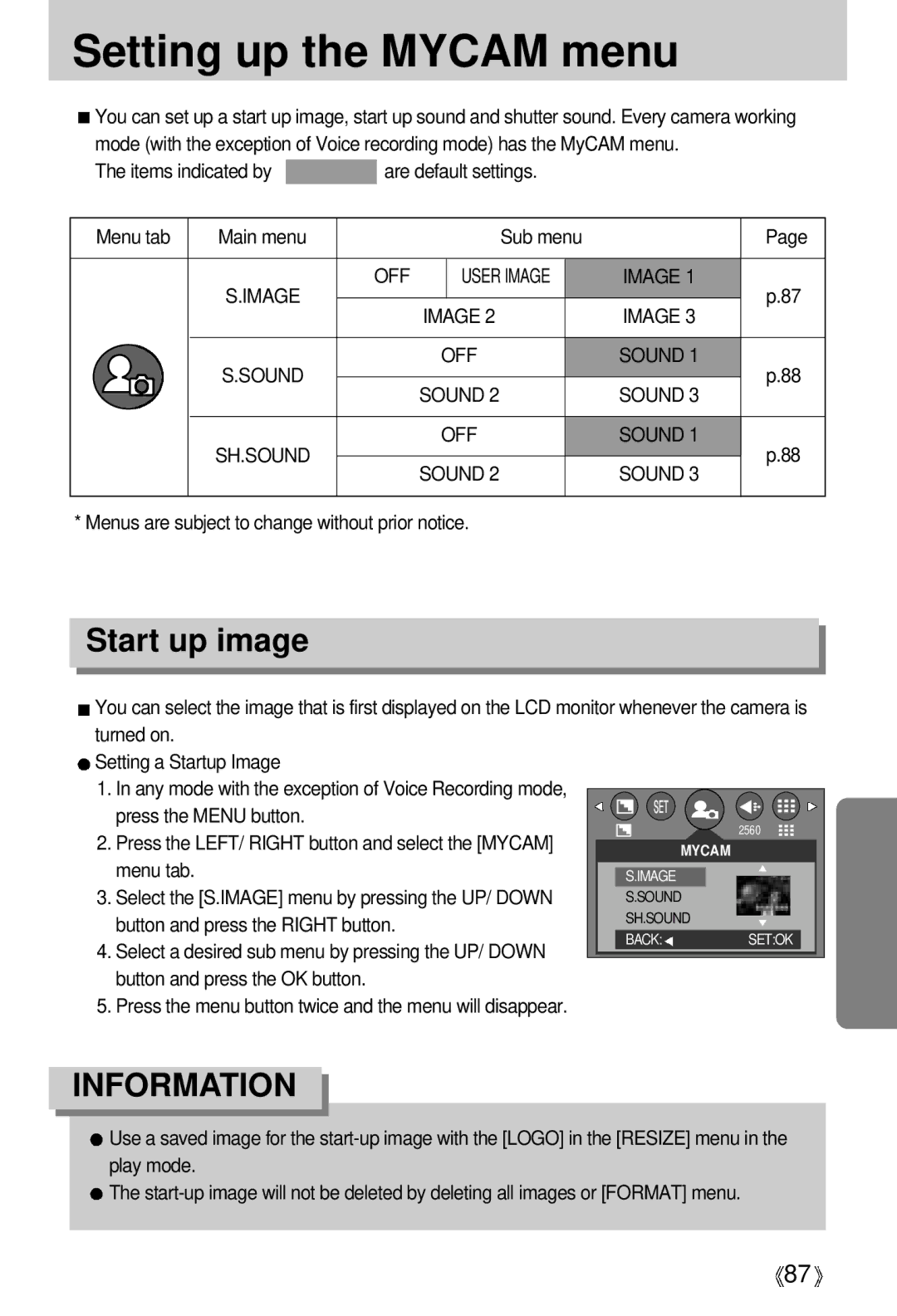 Samsung EC-V5ZZZSBA/US, EC-V5ZZZSAA manual Setting up the Mycam menu, Start up image, Turned on Setting a Startup Image 