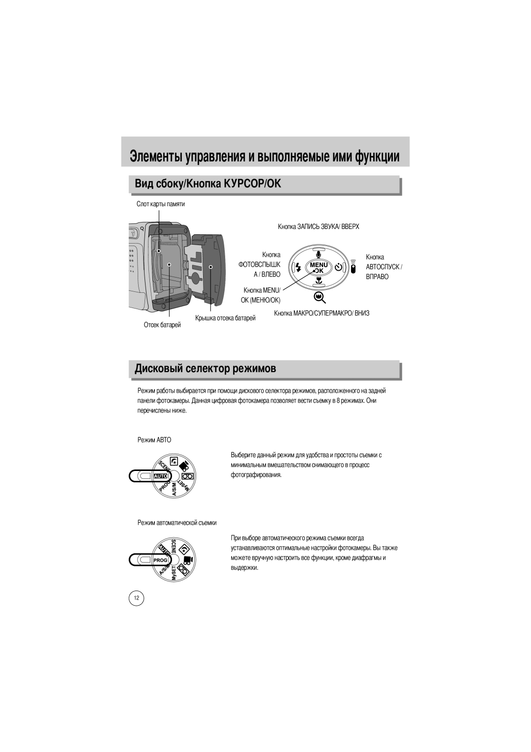 Samsung EC-V5ZZZSBA/US, EC-V5ZZZSAA Элементы управления и выполняемые ими функции, Овый селектор режимов, Отсек батарей 