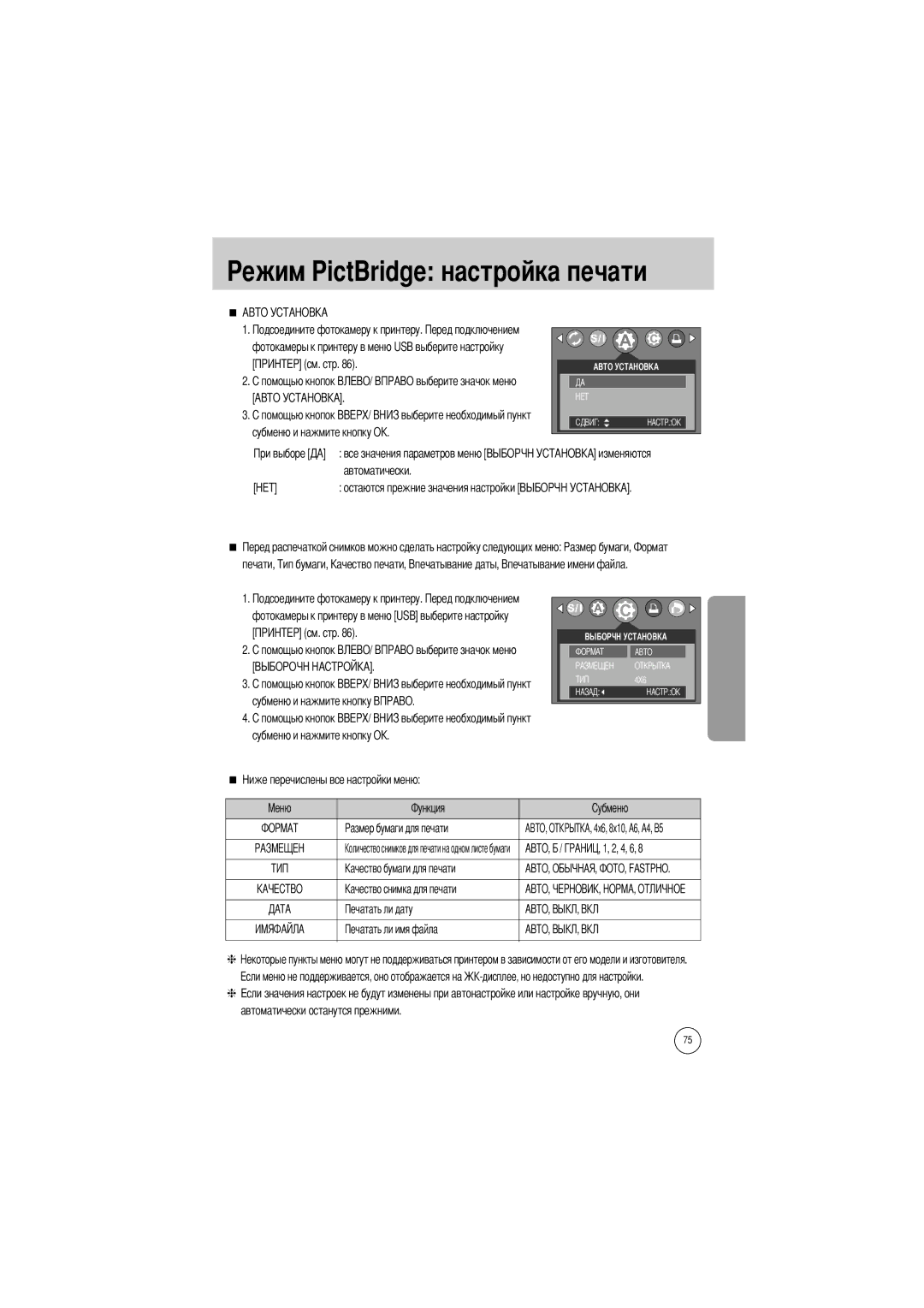 Samsung EC-V5ZZZSAA, EC-V5ZZZSBA/FR Ежим PictBridge настройка печати, Субменю и нажмите кнопку Субменю и нажмите кнопку OK 