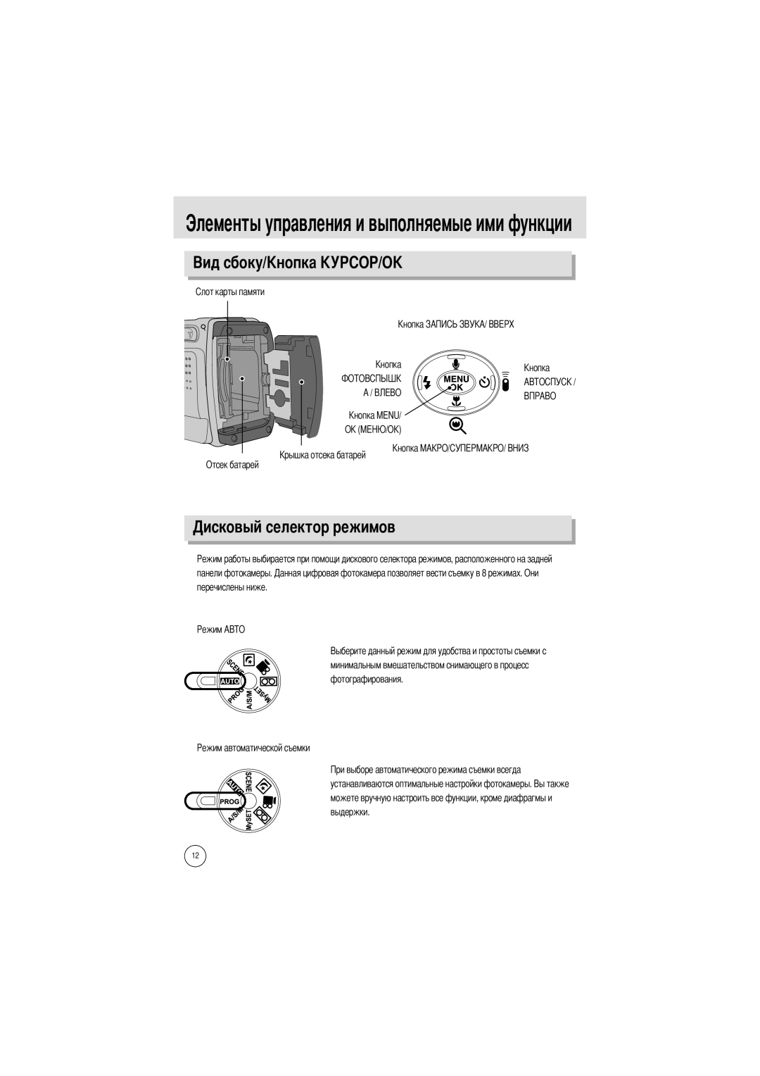 Samsung EC-V6ZZZABA/GB, EC-V6ZZZAAA Элементы управления и выполняемые ими функции, Овый селектор режимов, Отсек батарей 