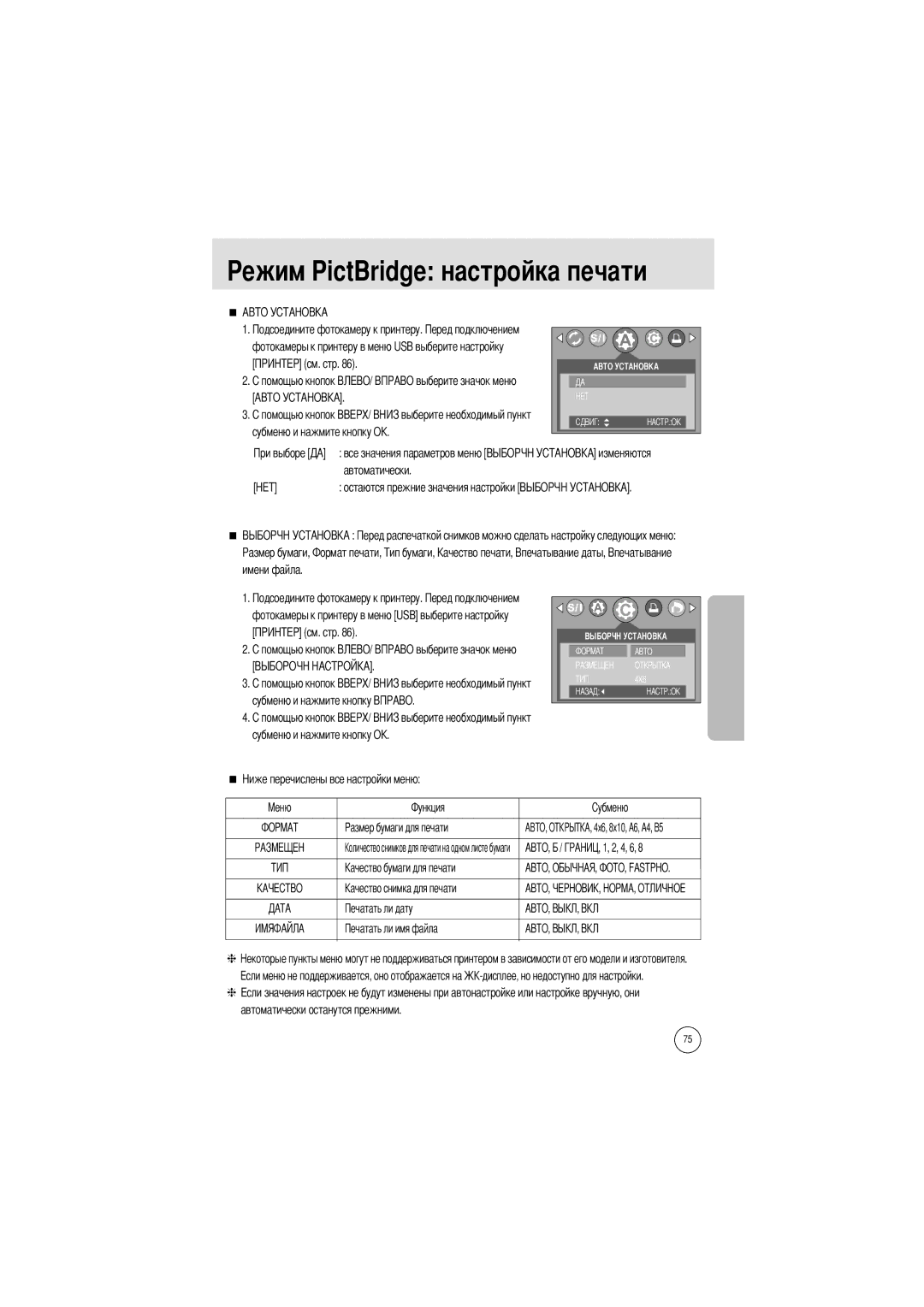 Samsung EC-V6ZZZABA/US Ежим PictBridge настройка печати, Имени файла, Субменю и нажмите кнопку Субменю и нажмите кнопку OK 