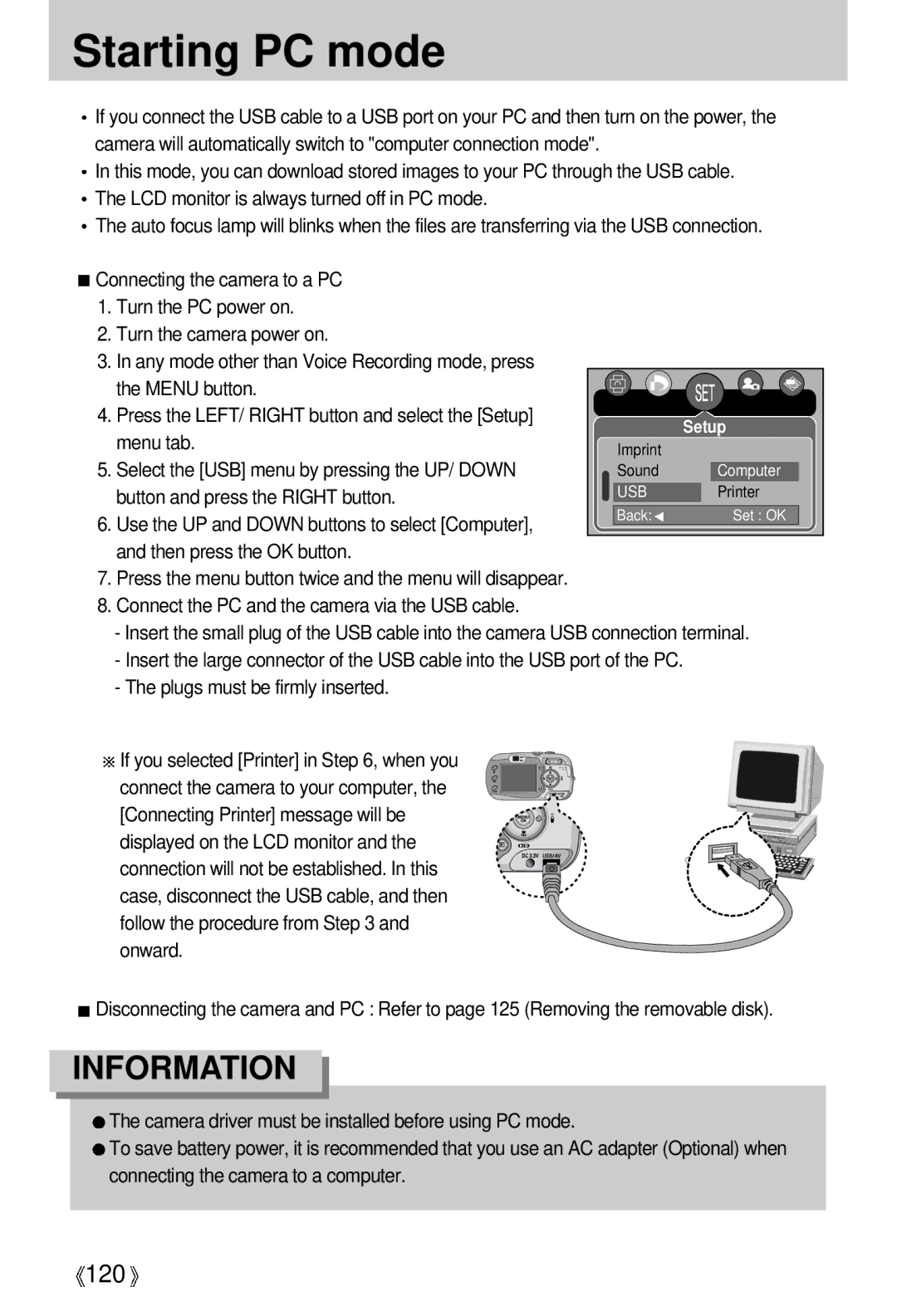 Samsung EC-V700ZRAA, EC-V700ZSBA/FR, EC-V700ZSBA/GB manual Starting PC mode, Select the USB menu by pressing the UP/ Down 