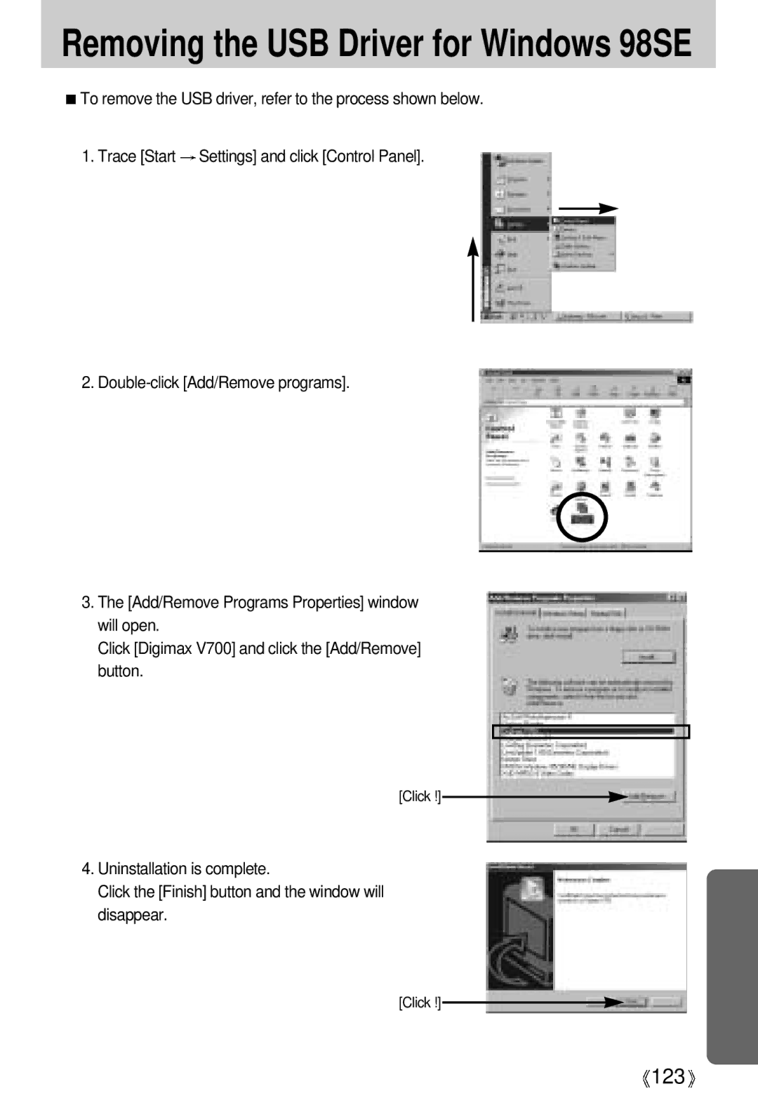 Samsung EC-V700ZUAA, EC-V700ZSBA/FR, EC-V700ZSBA/GB, EC-V700ZUBA/E1, EC-V700ZRBB/E1 Removing the USB Driver for Windows 98SE 