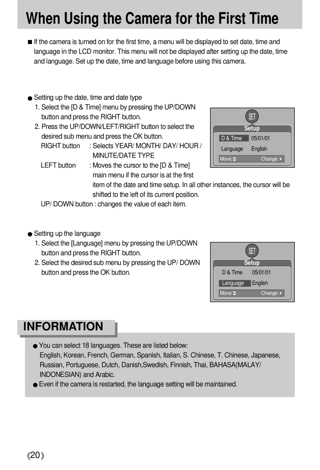 Samsung EC-V700ZUBA/FR Setting up the date, time and date type, Desired sub menu and press the OK button, Right button 