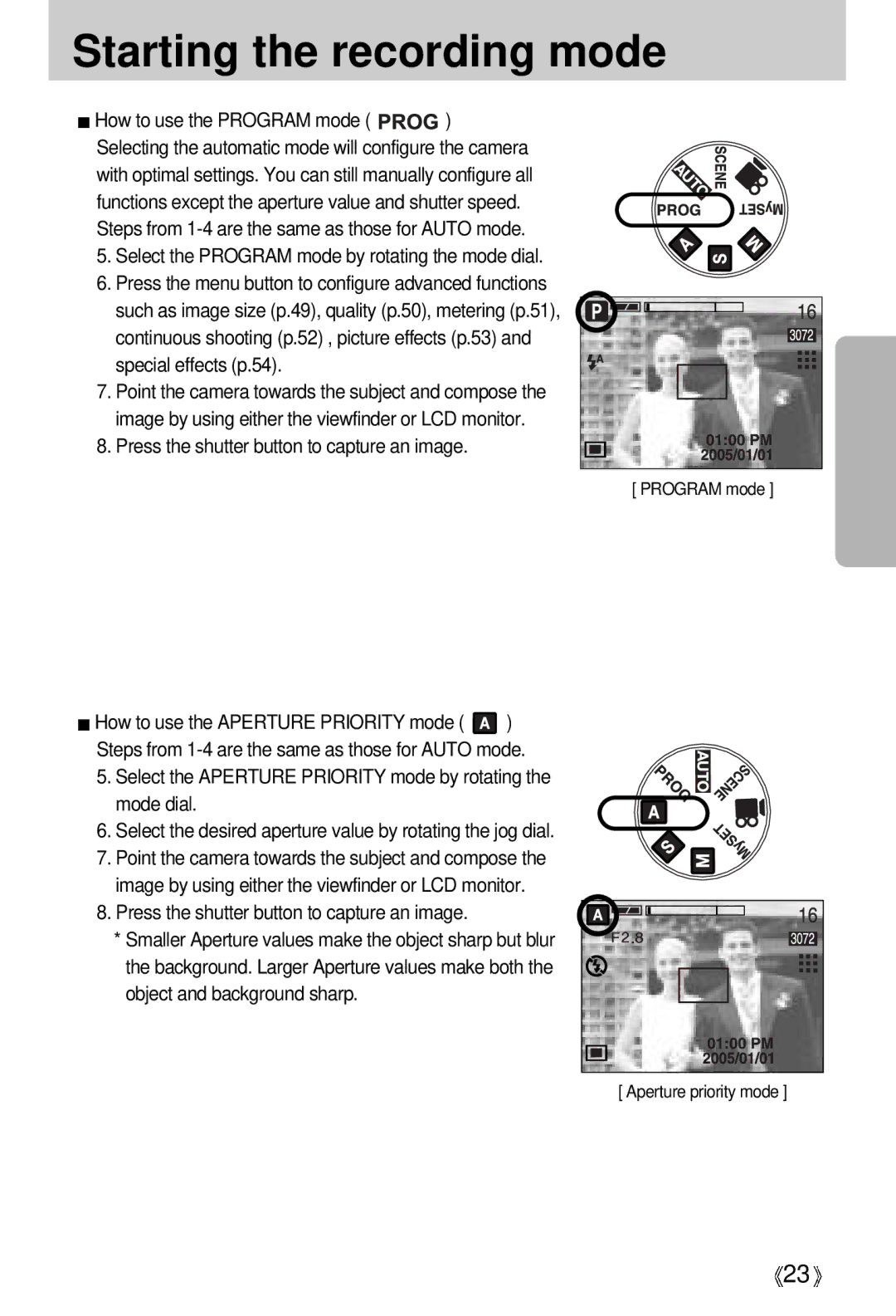 Samsung EC-V700ZSBA/GB, EC-V700ZSBA/FR manual Starting the recording mode, Select the Program mode by rotating the mode dial 