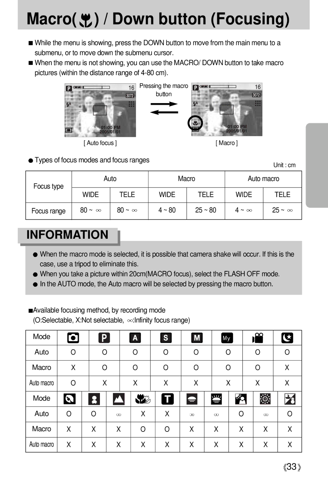 Samsung EC-V700ZRBA/FR manual Macro / Down button Focusing, Types of focus modes and focus ranges, Focus type Auto, 80 ~ 