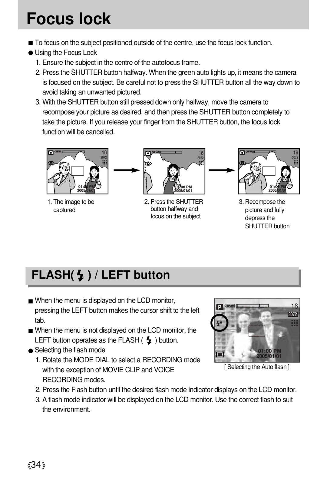 Samsung EC-V700ZRBA/GB, EC-V700ZSBA/FR, EC-V700ZSBA/GB, EC-V700ZUBA/E1 manual Focus lock, Flash / Left button, Recording modes 