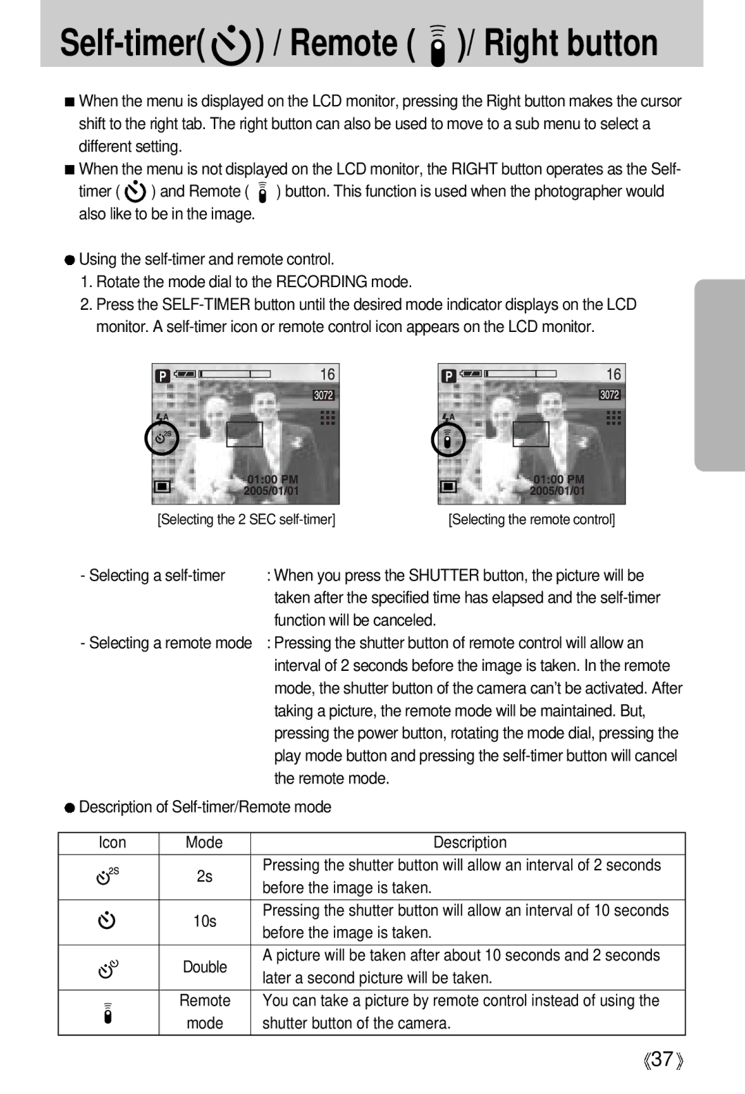 Samsung EC-V700ZSBB/E1 manual Selecting a self-timer, Function will be canceled, Remote mode, Before the image is taken 