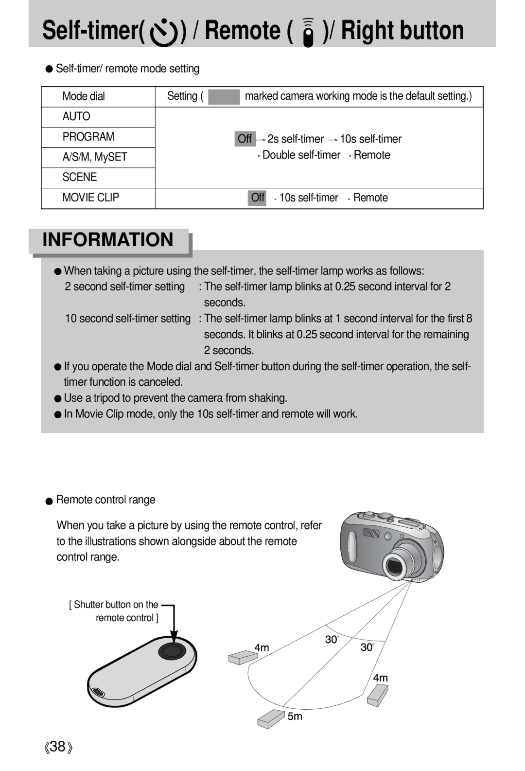 Samsung EC-V700ZUBB/E1 Self-timer/ remote mode setting Mode dial, Off 2s self-timer, Double self-timer Remote, M, MySET 