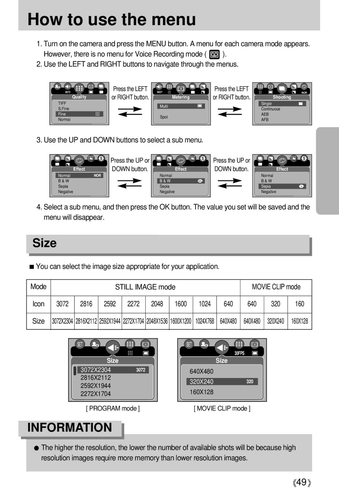 Samsung EC-V700ZRBA/US, EC-V700ZSBA/FR manual How to use the menu, Size, Use the UP and Down buttons to select a sub menu 