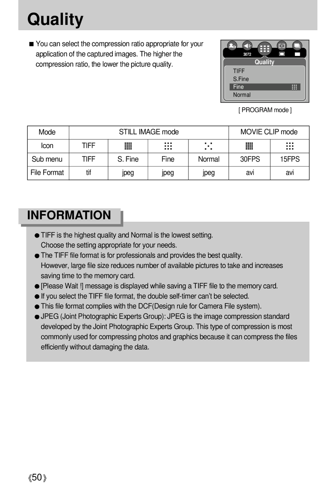 Samsung EC-V700ZRBC/E1, EC-V700ZSBA/FR, EC-V700ZSBA/GB manual Quality, Mode Still Image mode Movie Clip mode, Fine, Jpeg, Avi 