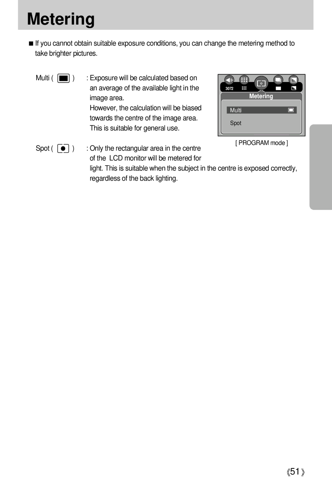 Samsung EC-V700ZSBA/US, EC-V700ZSBA/FR, EC-V700ZSBA/GB, EC-V700ZUBA/E1, EC-V700ZRBB/E1, EC-V700ZRBA/E1 manual Metering, Spot 