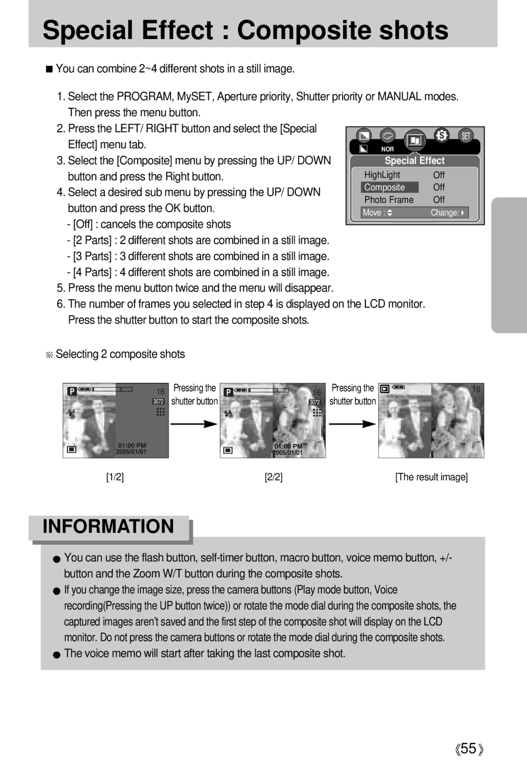 Samsung EC-V700ZRBA/FR, EC-V700ZSBA/FR Special Effect Composite shots, Select the Composite menu by pressing the UP/ Down 