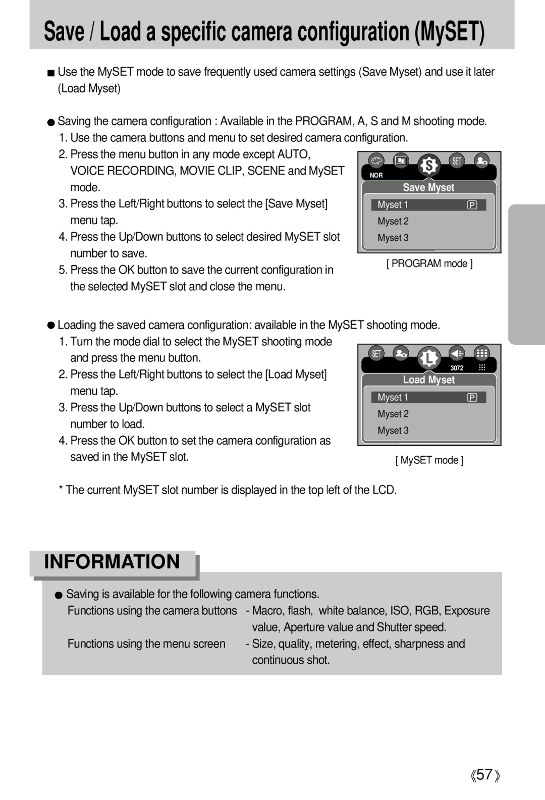 Samsung EC-V700ZUAA, EC-V700ZSBA/FR, EC-V700ZSBA/GB, EC-V700ZUBA/E1 manual Save / Load a specific camera configuration MySET 