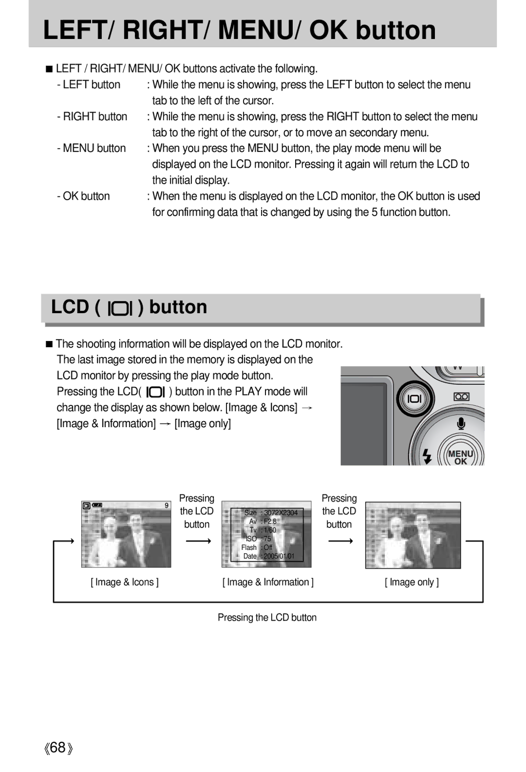 Samsung EC-V700ZUBA/E1 manual LEFT/ RIGHT/ MENU/ OK button, LCD button, Tab to the left of the cursor, Initial display 