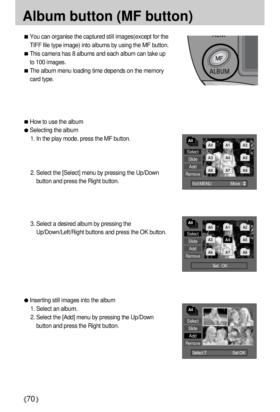 Samsung EC-V700ZRBA/E1, EC-V700ZSBA/FR manual Album button MF button, Inserting still images into the album Select an album 