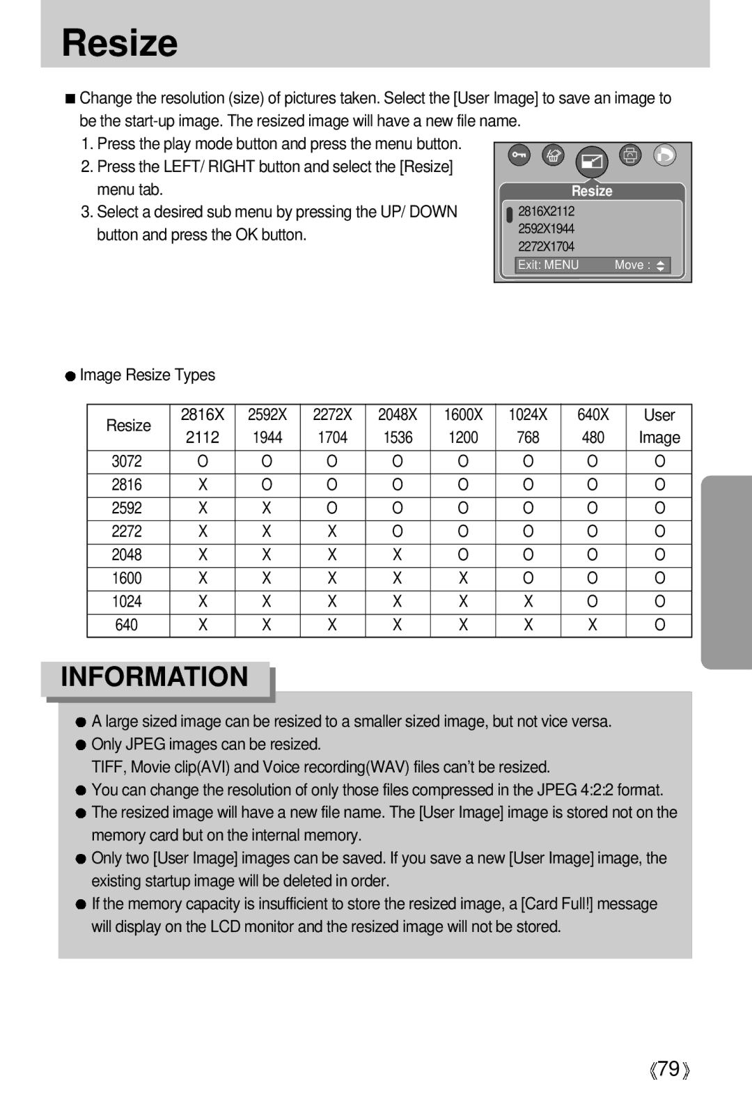 Samsung EC-V700ZUAA, EC-V700ZSBA/FR, EC-V700ZSBA/GB, EC-V700ZUBA/E1, EC-V700ZRBB/E1, EC-V700ZRBA/E1 manual Resize, Menu tab 