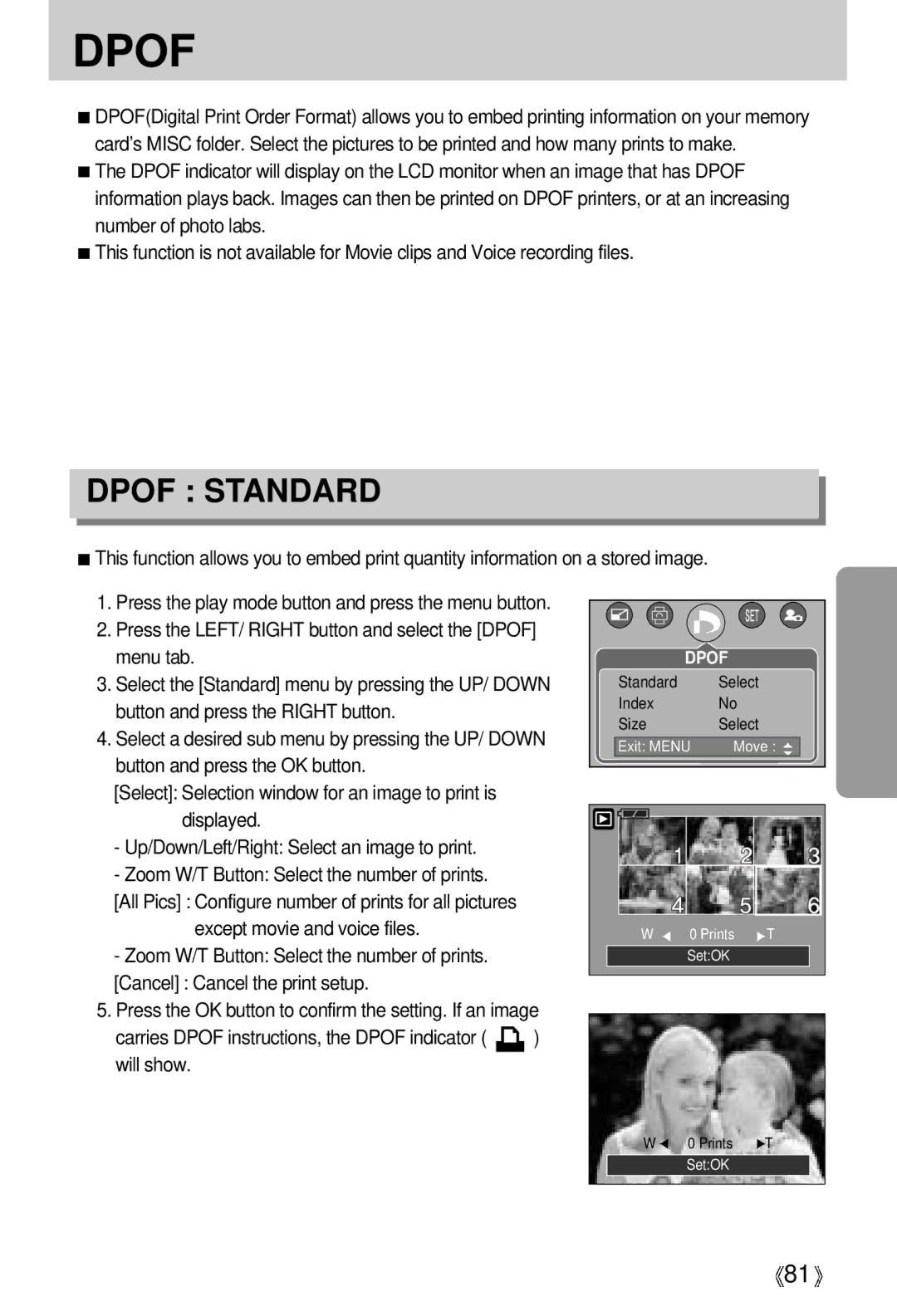 Samsung EC-V700ZSBB/E1, EC-V700ZSBA/FR, EC-V700ZSBA/GB manual Carries Dpof instructions, the Dpof indicator will show 