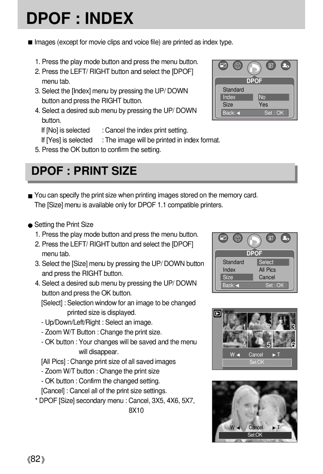 Samsung EC-V700ZUBB/E1, EC-V700ZSBA/FR Press the LEFT/ Right button and select the Dpof Menu tab, Setting the Print Size 