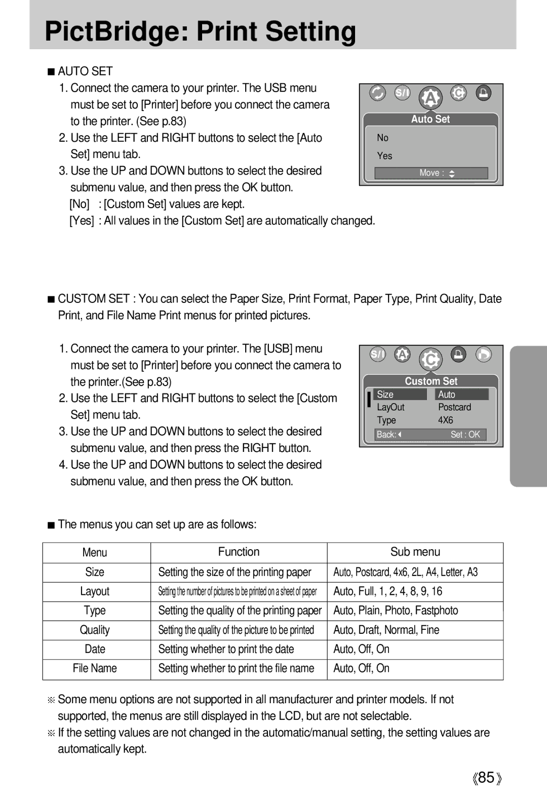 Samsung EC-V700ZSBA/DE, EC-V700ZSBA/FR, EC-V700ZSBA/GB, EC-V700ZUBA/E1, EC-V700ZRBB/E1, EC-V700ZRAA PictBridge Print Setting 