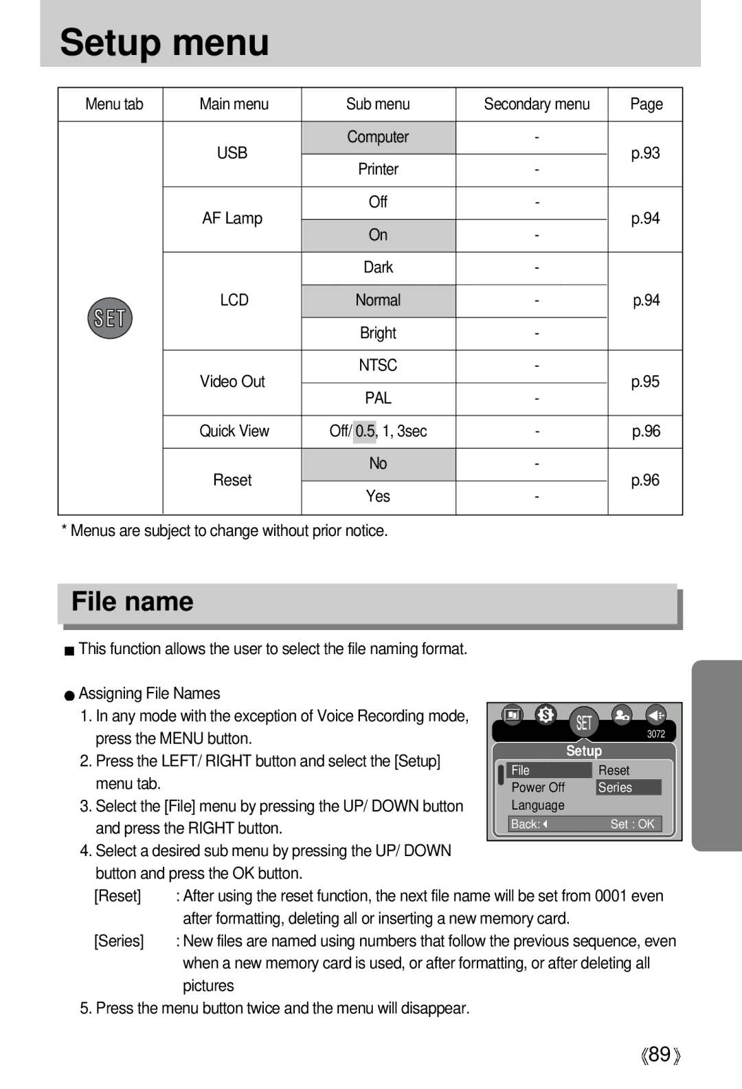 Samsung EC-V700ZSBA/GB, EC-V700ZRAA Setup menu, File name, 3sec, Press the LEFT/ Right button and select the Setup, Series 