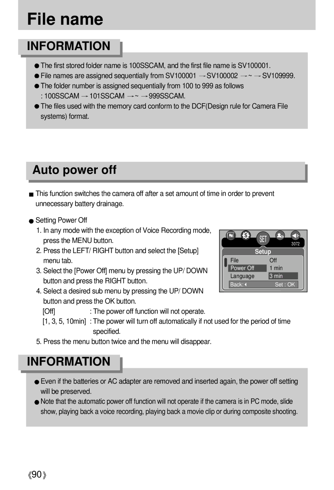 Samsung EC-V700ZUBA/E1, EC-V700ZSBA/FR, EC-V700ZSBA/GB manual File name, Auto power off, Button and press the OK button Off 