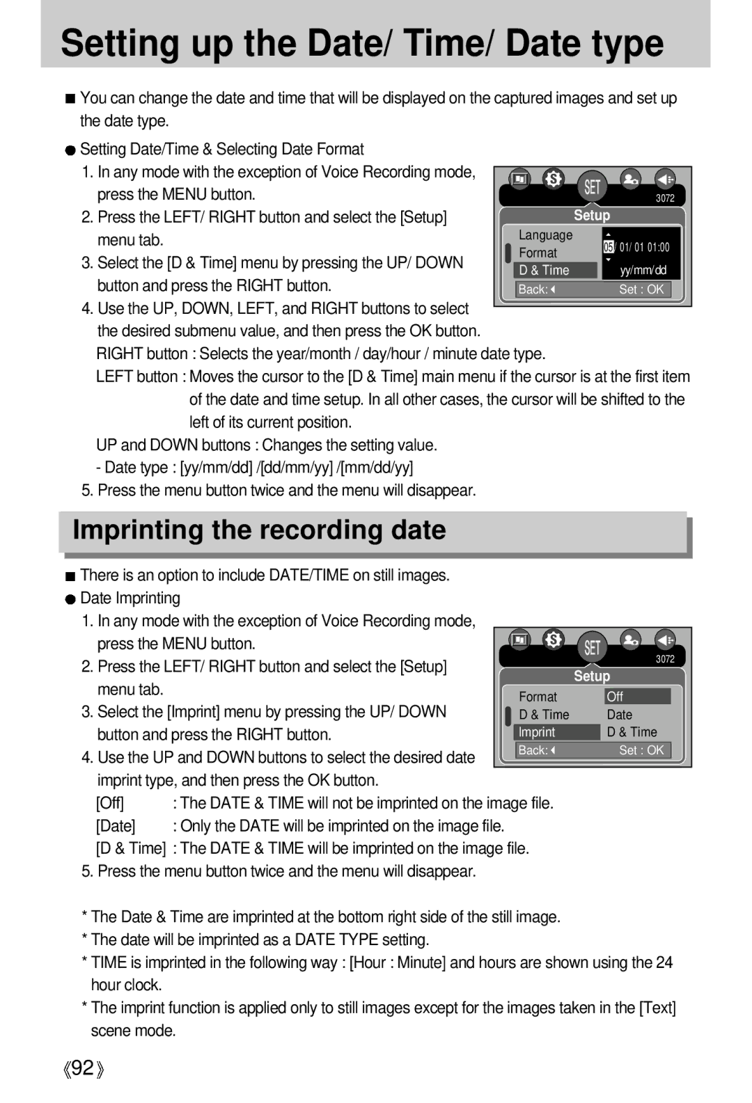 Samsung EC-V700ZRBA/E1, EC-V700ZSBA/FR, EC-V700ZSBA/GB Setting up the Date/ Time/ Date type, Imprinting the recording date 