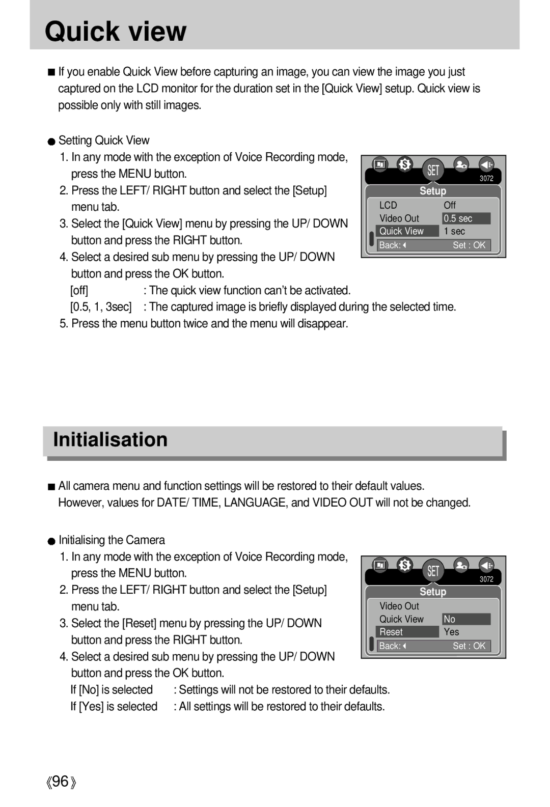 Samsung EC-V700ZSBB/US Quick view, Initialisation, Initialising the Camera, Select the Reset menu by pressing the UP/ Down 