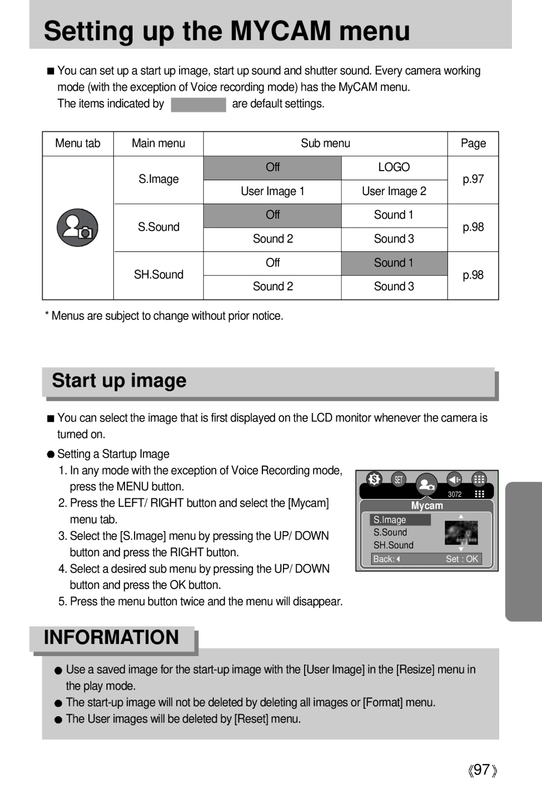 Samsung EC-V700ZUBA/DE, EC-V700ZSBA/FR, EC-V700ZSBA/GB, EC-V700ZUBA/E1, EC-V700ZRAA Setting up the Mycam menu, Start up image 