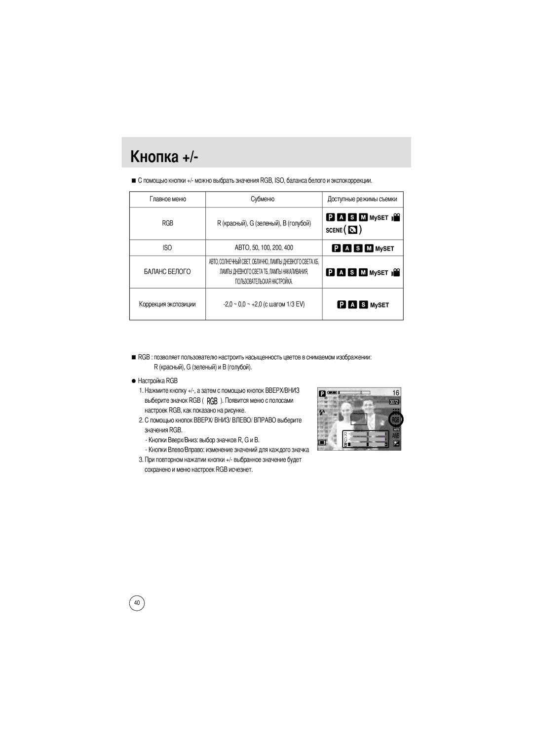 Samsung EC-V700ZSAA, EC-V700ZSBA/FR manual ~ 0,0 ~ +2,0 с шагом 1/3 EV, Значения RGB Сохранено и меню настроек RGB исчезнет 