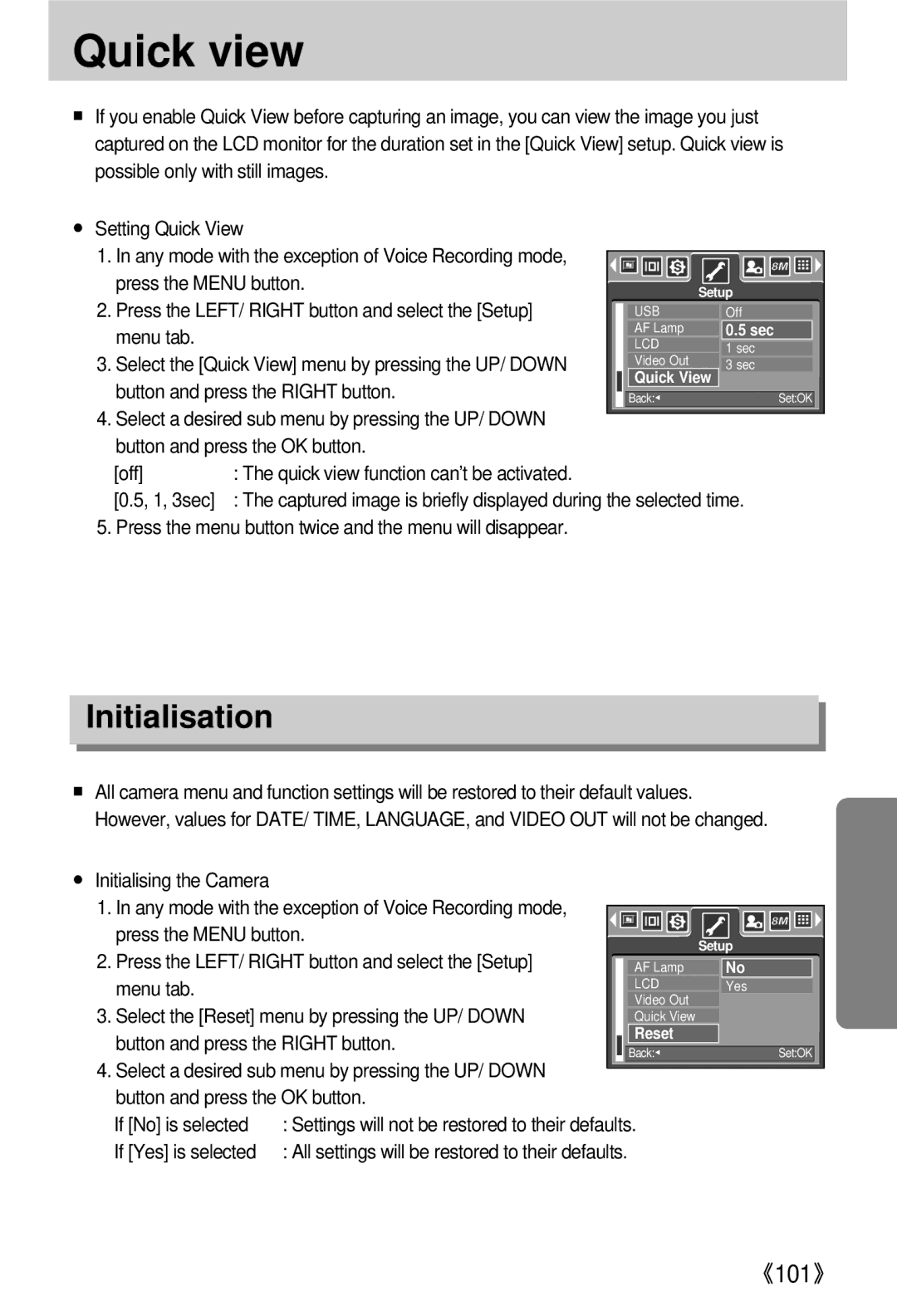 Samsung EC-V800ZSBA/E1, EC-V800ZSBA/FR, EC-V800ZSAA, EC-V800ZABA/E1 manual Quick view, Initialisation, If Yes is selected 